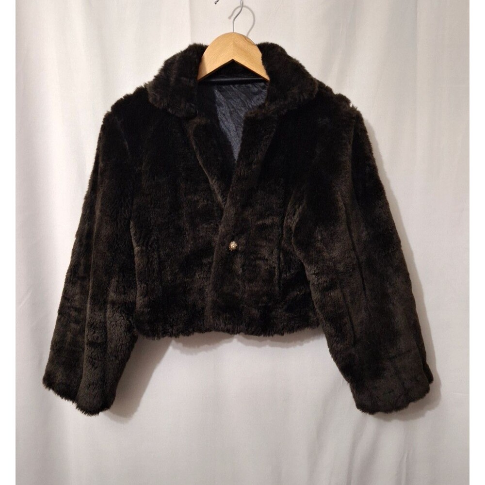 Vtg Womens Dark Brown Crop Faux Fur Bolero Jacket Sz S/M Holiday Mobwife Wedding